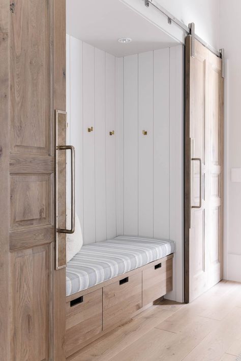 Closet Reading Nook, Wood Sliding Doors, Modern Farmhouse Mudroom, Reading Nook Closet, Hidden Closet, Front Closet, Utah Home, Entry Closet, Mudroom Entryway