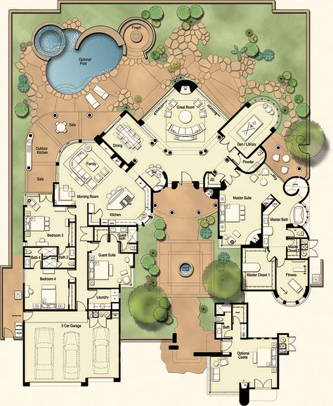 Exercise Rooms, Bangunan Minecraft, Courtyard House Plans, Architecture Design Concept, Luxury House Plans, Courtyard House, House Blueprints, Sims House, Dream House Plans