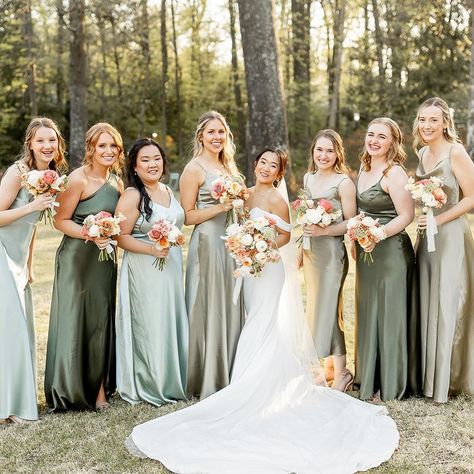 Fresh and green 💚 Featuring mix and match bridesmaid dresses in satin sage, olive and moss green • 📸: @emilyholmesweddings #birdyinthewild… | Instagram Sage Olive Bridesmaid Dresses, Sage And Forest Green Bridesmaid Dresses, Olive Green Mixed Bridesmaid Dresses, Olive And Sage Bridesmaid Dresses, Different Shade Of Green Bridesmaid, Green Mix Match Bridesmaid Dresses, Green And Champagne Bridesmaid Dresses, Mix Match Green Bridesmaid Dresses, Green Mix And Match Bridesmaid Dresses