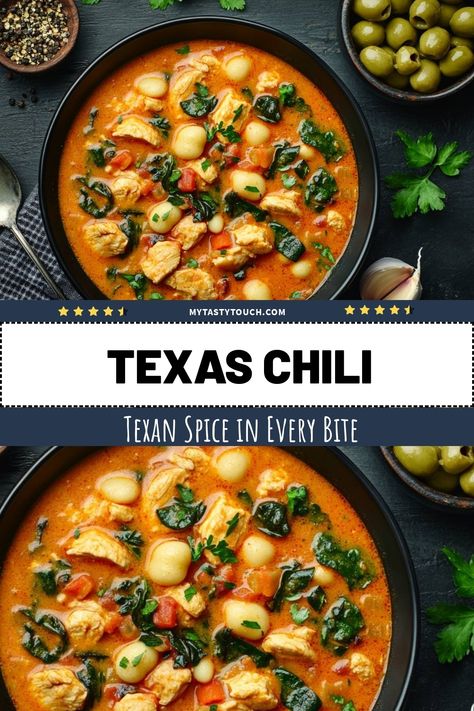 I love making this Texas Chili packed with bold flavors and hearty ingredients. It's perfect for cozy nights when I'm craving something warm and satisfying. With tender chicken, vibrant spinach, and a blend of spices, each bite is a delicious explosion of Texan zest. Give it a try for a comforting meal that's sure to impress! Authentic Texas Chili, Texas Chili Recipe, Texas Chili, Chili Cook Off, Spicy Dishes, Beef Chuck, Lone Star State, Tender Chicken, Chili Recipe