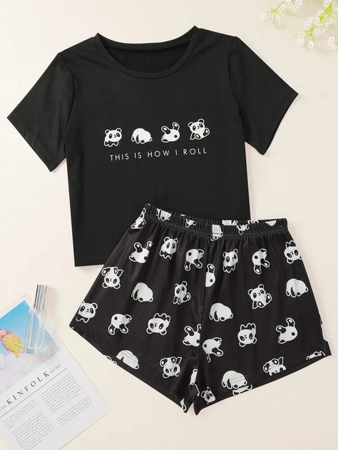 Cartoon Panda And Slogan Graphic Pajama Set | SHEIN EUR Cute Pjs, Cute Sleepwear, Cute Pajama Sets, Pajama Outfits, Cute Dress Outfits, Cartoon Panda, Shein Outfits, Cute Lazy Outfits, Lazy Outfits