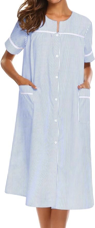 Ekouaer House Dress for Women with Pockets Button Down Duster Housecoat Short Sleeve Patio Dress Nightgown, Striped Light Blue, XX-Large at Amazon Women’s Clothing store Summer V-neck Nightgown For Lounging, Casual Short Sleeve Nightgown For Home, Spring V-neck Nightgown For Home, Blue V-neck Nightgown For Home, Pjs For Women, V-neck Nightgown For Spring Relaxation, Cute Christmas Pajamas, Button Down Sleep Shirt, Long Pajama Pants