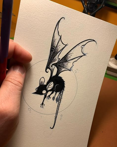 Rat Drawing Punk, Rat Linocut, Creepy Watercolor Art, Cute Rat Tattoo, Rat Watercolor, Bat Sketches, Cute Bat Drawing, Cute Creepy Tattoos, Goth Watercolor