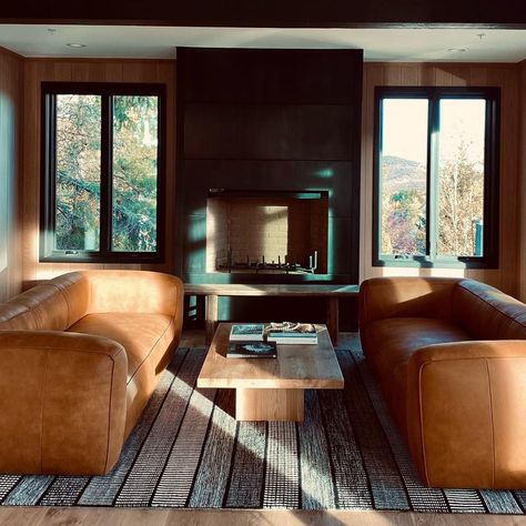 Raili Clasen on Instagram: “It’s Fall Y’all.. loved reuniting with our brand spanking new #parkcity project, the awesome clients that hired us AND our big, thick…” Tan Loveseat, Orange Leather Sofas, Mcm Sofa, Brown Leather Couch Living Room, Mid Century Room, Tan Sofa, Tan Leather Sofas, Modern Family Home, Staging Furniture