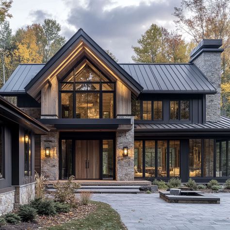 Modern Rustic House Exterior, Modern Chalet Architecture, Mountain Modern Home Exterior, Dark Modern Farmhouse Exterior, Modern Cabin Exterior, Modern Mountain Home Exterior, Modern Farmhouse Architecture, Mountain House Exterior, Modern Transitional House Plans