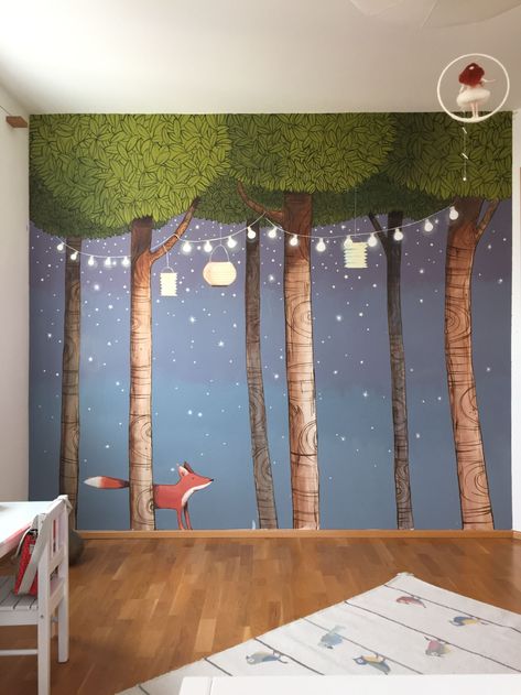 Forrest Nursery Mural, Raven Nursery, Forest Kids Room, Dark Nursery, Boys Room Mural, Fox Nursery Decor, Glow In The Dark Stars, Bedroom Wall Decor Ideas, Dark Stars