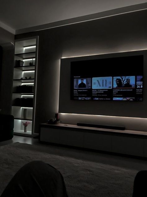 Gray Interior Design, Tv Zone, Tv Led Backlight, Modern Apartment Living Room, Grey Interior Design, Room Sofa Design, Music Studio Room, Cozy Fall Bedroom, Grunge Guys