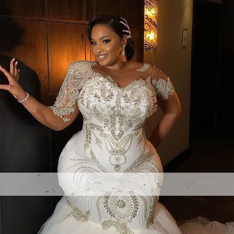 Classic Heavy Handwork Beading Crystals Mermaid Wedding Dresses Illsion Long Sleeves Plus Size African Dresses For Women 2023 - Wedding Dresses - AliExpress Plus Size African Dresses, Plus Size African, Crystal Wedding Dresses, Elegant Bridal Gown, Bridal Gowns Mermaid, Mermaid Wedding Dresses, T Dress, Dress Tulle, Bella Naija Weddings