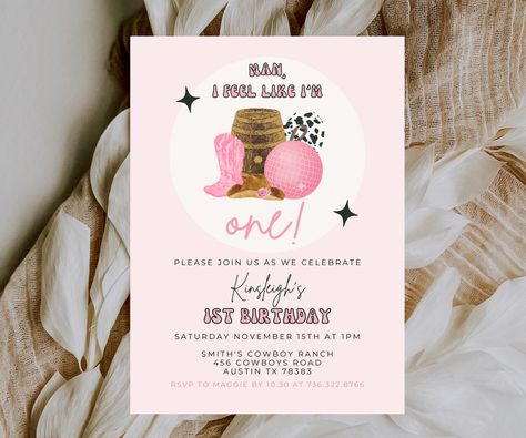 Man I Feel Like I’m One Birthday Girl, First Rodeo Birthday Invitations, Cowgirl 2nd Birthday, Disco Cowgirl Birthday, Nashville Birthday, Rodeo Birthday Invitations, Birthday Disco, Cowboy Ranch, Rodeo Birthday