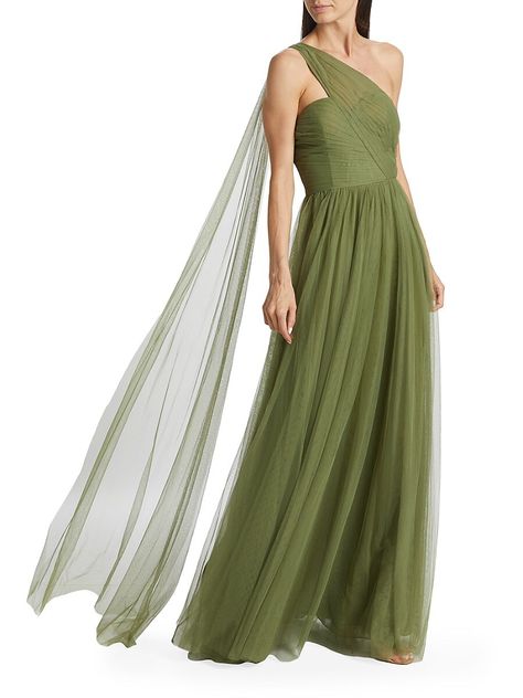 "Find VERA WANG BRIDE Verris Tulle One-shoulder A-line Dress on Editorialist. From the Vera Wang Bridesmaids Collection. Vera Wang's elegant Verris A-line dress flows in soft tulle shirred at the waist and sashed in a one-shoulder silhouette. Topped with a sleeveless bodice, this stunning design drapes from the shoulder adding an ethereal touch. Asymmetrical neck Sewn-in cups Sleeveless Sashed shoulder Side zip closure 100% polyester Dry clean Imported SIZE & FIT This style is constructed in a w Green Tulle Dress, Vera Wang Bridesmaid, Ethereal Dresses, Tulle Cape, One Shoulder Bridesmaid Dresses, One Shoulder Bridesmaid, Green Tulle, Vera Wang Dress, Tulle Gown