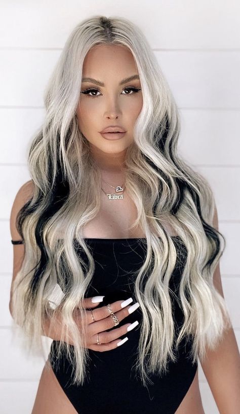 Jwoww Blonde Streaks, Platinum With Black Hair, Blonde And Emerald Green Hair, Icy Blonde And Black Hair, Platinum Blonde Black Highlights, Edgy Long Blonde Hair, Blonde Hair Dark Money Piece, Black Hair With Platinum Extensions, Black With Platinum Hair