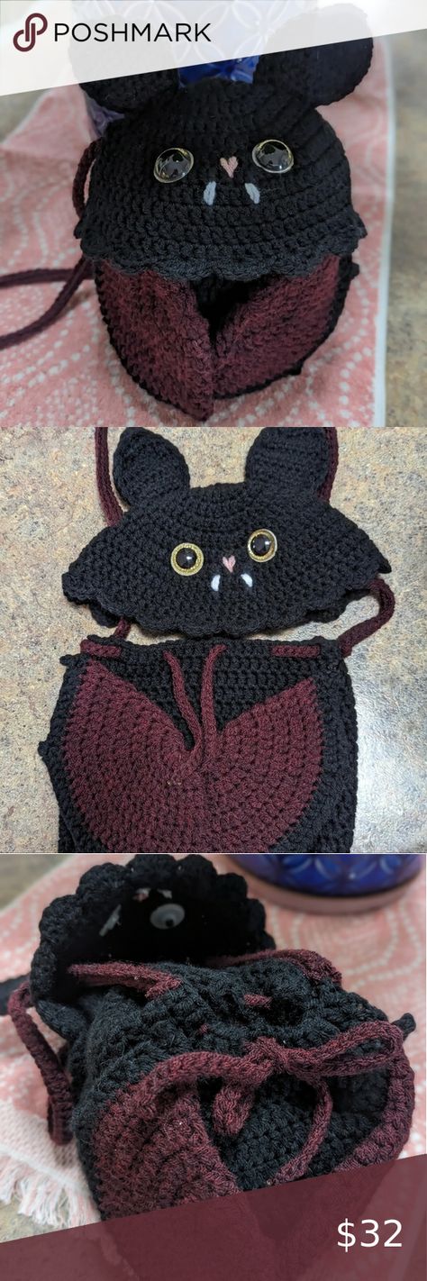 Handmade Crochet Bat Buddy Drawstring Bag Bat Crochet Bag, Crochet Bat Bag, Gothic Crochet, Bat Bag, Crochet Bat, Crochet Design Pattern, Diy Crochet Projects, Crochet Design, Safety Eyes