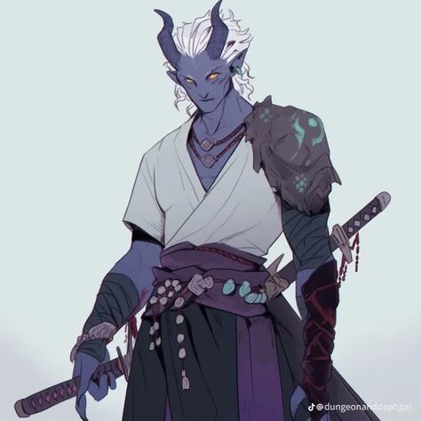 Teifling Samurai, Dnd Blue Tiefling Male, Tiefling Samurai, Hexblood Character Art, Tiefling Male Art, Purple Tiefling Male, Male Tiefling Art, Blue Tiefling Male, Tiefling Pirate