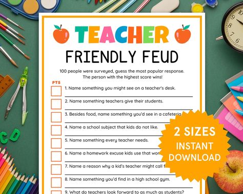 INSTANT DIGITAL DOWNLOAD - NO PHYSICAL PRODUCT WILL BE SHIPPED! Bring some friendly competition to your next teacher gathering with our "Teacher Friendly Feud" game! This entertaining and interactive game is designed to spark laughter and camaraderie among educators as they guess the most popular answers to teacher-related questions. Perfect for all ages and occasions, this game is ideal for teacher parties, school events, classroom parties, back-to-school celebrations, teacher icebreakers, and more. It's a fantastic way to bond with fellow educators, break the ice, and add fun to any event. With instant access, you can download, print, and play right away. No waiting, just immediate fun and entertainment for your teacher-themed celebration! ◍◍ W H A T ' S I N C L U D E D ◍◍ - Teacher Frie Fun Teacher Staff Games, Games For Teachers, Teacher Games, School Icebreakers, Teacher Morale, Teacher Party, Teacher Activities, Ice Breaker Games, School Celebration