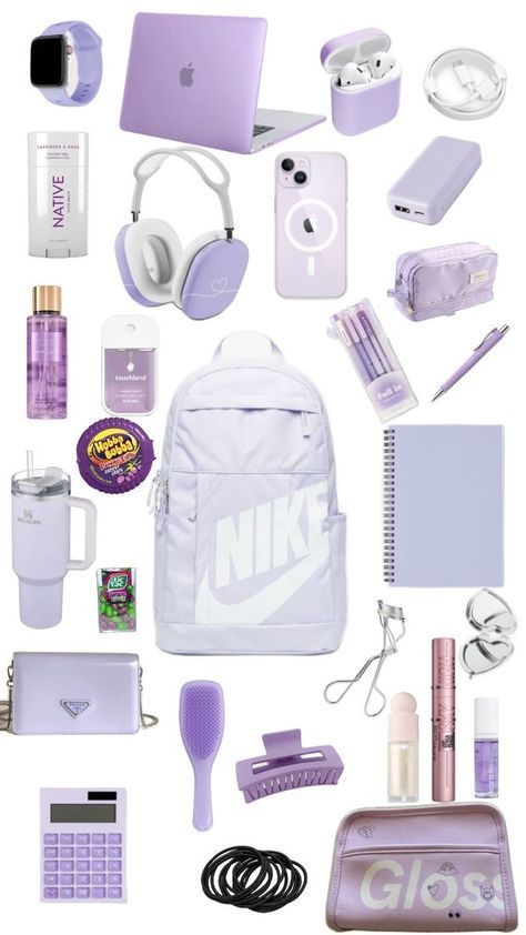 Purple Backpack Aesthetic, Purple School Supplies Aesthetic, Purple School Aesthetic, Purple School Supplies, Purple Stationary, Backpacks Aesthetic, School Emergency Kit, School Backpack Essentials, Preppy School Supplies