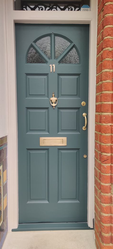 Recently painted front door using #farrowandball #inchryrablue exterior eggshell. Job is based in #London Painted Front Door On Brick House, Front Door Ideas Colour, London Doors Entrance, Blue Front Door Ideas, Inchyra Blue Front Door, De Nimes Front Door, Emerald Front Door, Front Door Colours Uk, Pale Blue Front Door