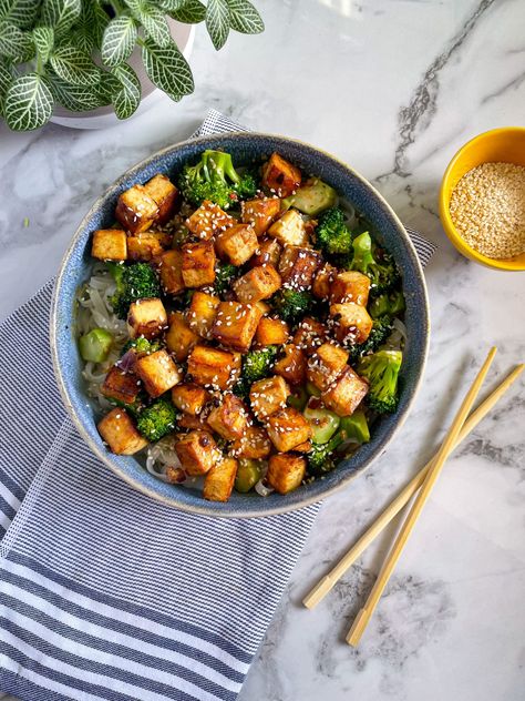 Korean Tofu Bowl, Miso Tofu Bowl, Tofu Noodle Bowl, Miso Tofu, Tofu Bowls, Glazed Tofu, Tofu Bowl, Broccoli Sauteed, Tofu Noodles