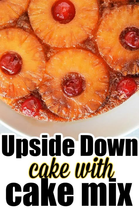 This easy pineapple upside down cake with yellow cake mix can be prepped and baked in an hour. A cheap dessert with canned fruit we love. Easy Pineapple Upside Down Cake, Pineapple Upside Cake, Yellow Cake Mix Recipes, Cheap Desserts, Caramelized Pineapple, Pineapple Upside Down Cupcakes, Box Cake Recipes, Boxed Cake Mixes Recipes, Cherry Topping