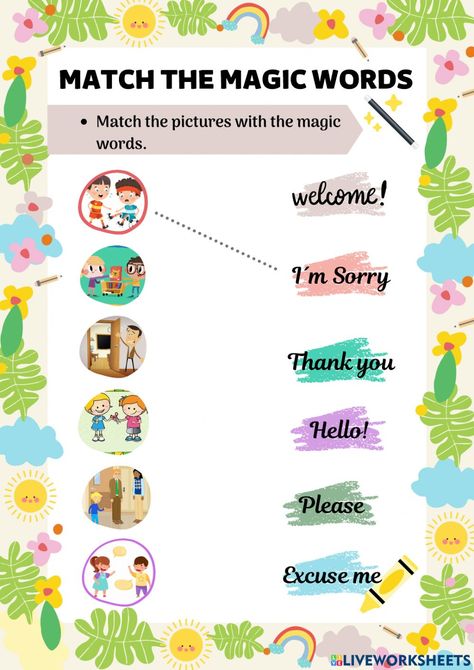 Polite Words Worksheet, Manners Worksheets For Kids, Polite Expressions Worksheets, Magic Words Worksheet, Good Manners Worksheets For Kids, Magic Words For Kids Classroom, Magic Words List, Polite Expressions, Words Worksheets For Kindergarten