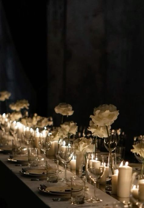 Candlelit Wedding Reception Long Tables, Wedding Decoration Candles, Candle Heavy Tablescape, Candle Lit Wedding Reception Romantic, Candle Tablescapes Wedding, Candlelight Wedding Reception, Black Tie Wedding Reception, Candlelit Wedding Reception, Wedding Dinner Table Setting