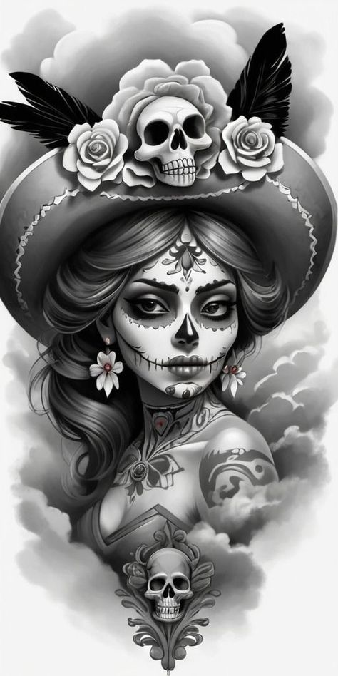 Floral Skull Tattoos, Art Tattoo Design, Snow Tattoo, Evolution Tattoo, Backpiece Tattoo, Mexican Tattoo, Catrina Tattoo, Mexican Art Tattoos, Aztec Tattoo Designs