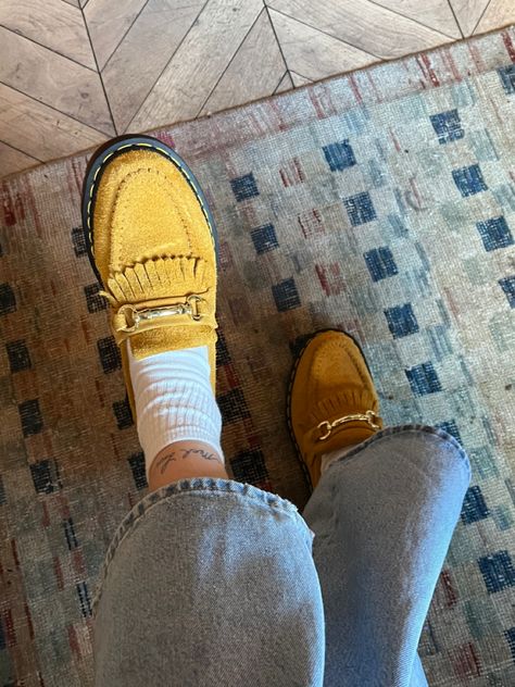 Yellow Accent Outfit, Dr Marten Adrian Loafer, Loafers Aesthetic, Yellow Loafers, Queer Fashion, Shoe Inspo, Yellow Accents, Penny Loafer, Light Academia