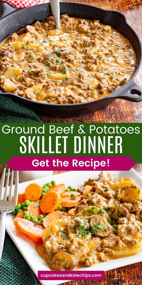 This creamy Ground Beef and Potatoes Skillet recipe is a soul-warming but healthier version of a classic comfort food dinner. It is an easy one-pan meal made with budget-friendly hamburger meat and sliced potato. Only now the can of cream of mushroom soup is replaced with fresher, gluten free ingredients. Gluten Free Ground Beef Recipes, Potato Skillet Dinner, Beef And Mushroom Recipe, Creamy Ground Beef, Potatoe Dinner Recipes, Meat And Potatoes Recipes, Potatoes Skillet, Beef Skillet, Hamburger And Potatoes