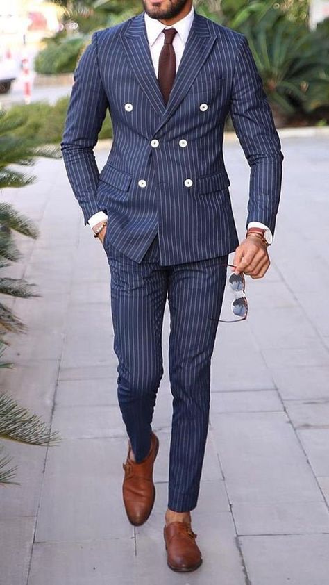 Blue Striped Suit, Double Breasted Suit Men, Men Suits Blue, Beach Wedding Suits, Men's Business Suits, Suits Men Business, Classy Suits, Dress Suits For Men, Designer Suits For Men