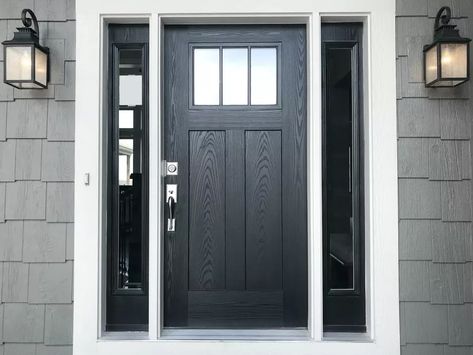 Grey Front Doors, North Facing House, Exterior Door Colors, Black Front Door, Front Door Paint Colors, Black Front Doors, Door Paint Colors, Painted Front Doors, Small Front Porches