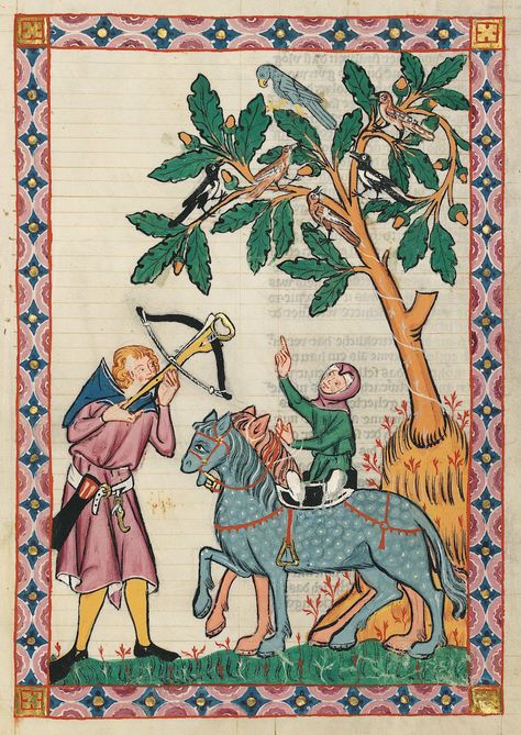 Shooting birds. Codex Manesse, UB Heidelberg, Cod. Pal. germ. 848, fol. 396r: Kol von Nüssen. 1305-40 Medieval People, Medieval Drawings, Dungeons And Dragons Figures, Medieval Artwork, Illustrated Manuscript, Medieval Paintings, Dungeons And Dragons Classes, Dungeons And Dragons Miniatures, Medieval Manuscript