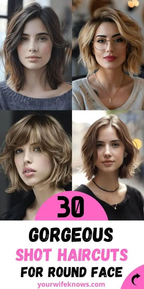 Flattering Haircuts for Round Faces Short Hairstyles For Women Round Face, Hair Cut Round Face Woman, Short Haircut With Bangs For Round Faces, Haircut For Short Neck Round Faces, Short Haircuts For Round Faces Wavy Hair, Short Bob Haircuts For Round Face, Short Neck Haircut, Short Hair With Bangs Round Face, Short Wavy Haircuts For Round Faces