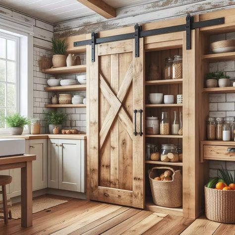 41 Unique Farmhouse Kitchen Decor Ideas to Inspire Your Home Country Kitchens Farmhouse, Aesthetic Rustic Kitchen, Cabin Kitchen Shelves Rustic, Rustic Pantry Barn Door, Kitchen Shelves With Barn Doors, Galvanized Metal Decor, Dream Farmhouse Kitchen, Chalet Kitchen, Farmhouse Kitchen Barndoor Cabinet