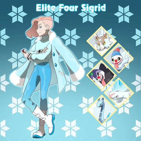 Matamat on Instagram: “Let’s meet the Norden Elite Four! . Here’s Elite Four SIGRID . “Hehe! Helloo my dear! My name is Sigrid and... Are you by any chance the…” Ice Type Pokemon Trainer, Custom Trainers, Pokemon Gym Leaders, Pokemon Names, Pokemon Rpg, Pokémon Characters, Pokémon Trainers, Pokemon Game Characters, Hyper Fixation