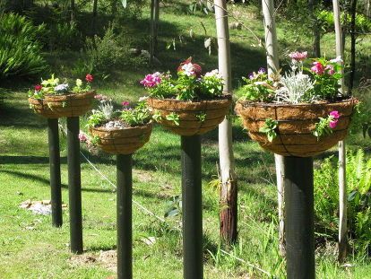 Post Planters, Diy Hanging Baskets, Geranium Planters, Backyard Fence Decor, Garden Winter, Plants For Hanging Baskets, Fall Planters, Backyard Fence, Home Outside