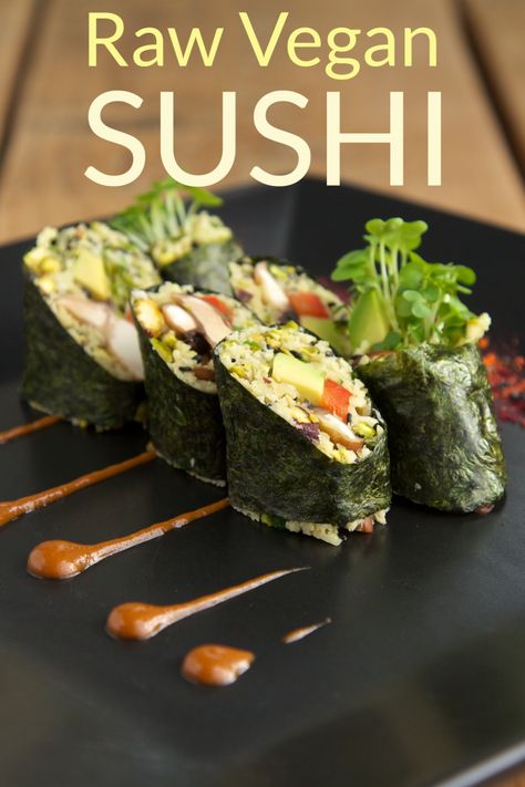 Raw Vegan Sushi – Raw Food Recipes – The Raw Chef Raw Vegan Sushi, Raw Vegan Recipes Easy, Raw Vegan Dinners, Miso Sauce, Raw Vegan Diet, Raw Cauliflower, Japanese Desserts, Vegan Sushi, Raw Diet