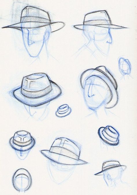 Fedora Hat Drawing Reference, Fedora Drawing Reference, Detective Hat Drawing, Fedora Reference, How To Draw A Hat On A Head, Fedora Hat Drawing, Cap Drawing Reference, Hat Perspective, Fedora Drawing