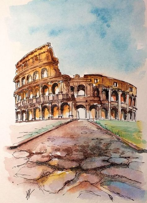 Rome Watercolor Painting, Watercolor Building Paintings, Italy Watercolor Paintings, Cool Nature Tattoos, Italy Sketches, Cool Nature, Architecture Drawing Sketchbooks, Building Painting, Watercolor Architecture