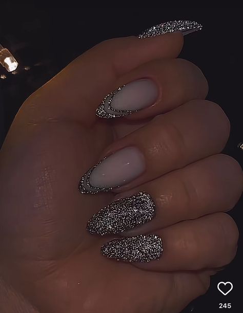 Reflective Glitter Nails Christmas, Nails For Dance Competition, Winter Nails Silver Glitter, Silver Disco Nails, Silver Nail Inspo Acrylic, Silver Glittery Nails, Silver Sparkly Nails, Hoco Party, Silver Sparkle Nails