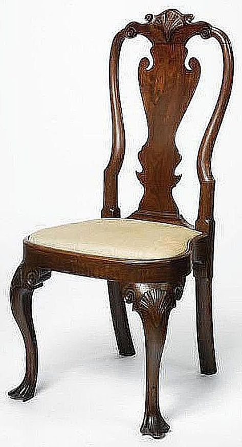 A Hogarth Chair -has cabriole legs of w/Queen Anne style &characterized by splat back, (“fiddle” back). Splat detail & bk style may vary on H.chairs, but often see yoke exs. Name for Brit artist Wm Hogarth (1697-1764) popular painter, cartoonist, political satirist. Had affinity for cabriole leg, seen in his paintings. Shown: v fine & rare walnut QA side chair w/shell carving & compass seat. Made in Philadelphia ,c 1750.Inclusion of splat back & cabriole legs qualify this as a Hogarth chair. Baker Sofa, Queen Anne Furniture, Dining Room Furniture Collections, Chippendale Furniture, Fine Antique Furniture, Queen Anne Style, Reproduction Furniture, English Furniture, Period Furniture