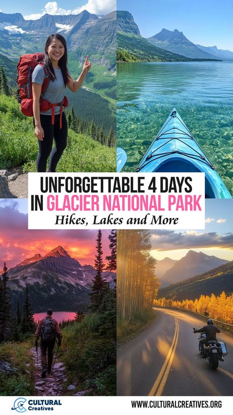 Unforgettable 4 days in Glacier National Park with hiking, kayaking, stunning sunsets, and scenic autumn drives. Glacier National Park Hikes, National Park Trip, National Park Hikes, Glacier National Park Trip, Hidden Lake, Many Glacier, Lake Mcdonald, Glacier Park, National Park Road Trip