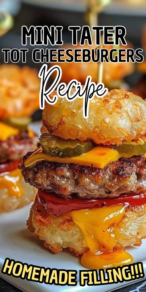 Mini Tater Tot Cheeseburgers Cheesy Party Burgers, Mini Tater Tot Cheeseburgers, Mini Tator Tot Cheeseburger, Stuffed Tater Tots Recipes, Tater Tot Appetizer Recipes, Tater Tot Cheeseburger, Mini Burgers Party, Tator Tot Recipe, Tater Tot Appetizers