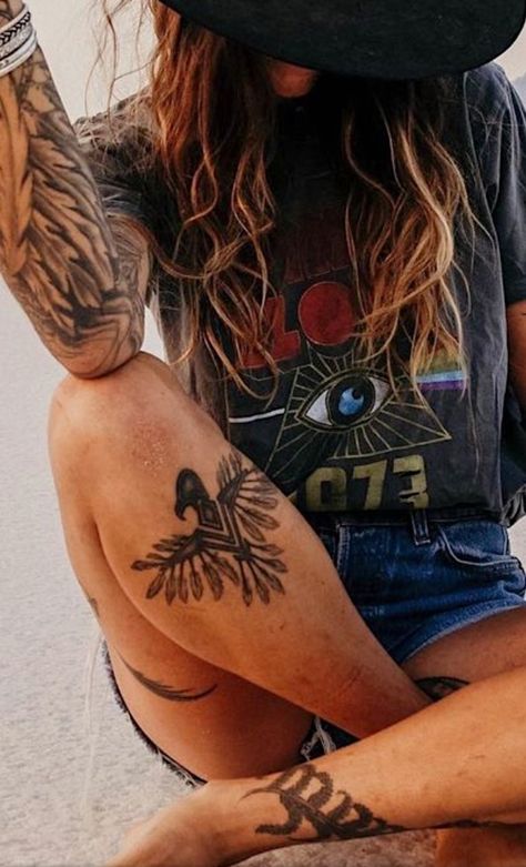 Same! 😍 Weatern Tattoo Women, Boho Knee Tattoo, Cow Skull Hand Tattoo, Western Knee Tattoos Women, Koe Wetzel Inspired Tattoos, Western Bird Tattoo, Leg Sleeves For Females Western, Western Shin Tattoo, Country Couples Tattoos