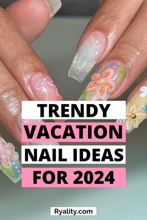 Oh my goodness, these would be the perfect tropical vacation nails I'm obsessed December Vacation Nails, Vacation Nails Gel, Beach Nail Designs Vacations, Tropical Nails Beach, Tropical Vacation Nails Beach, Mexico Nails Vacations, Nails For Hawaii Vacation, Mexico Vacation Nails, Vacation Nail Ideas