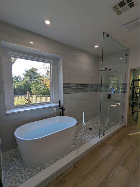 Bathtub And Shower In Same Area, Master Bath Tub And Shower Ideas, Shower Tub Room Ideas, Bath Inside Shower Wet Rooms, Master Bathrooms With Walk In Shower And Tub, Master Bath No Glass Door, Walk In Shower Large Bathroom, Bathroom Remodel Tub And Shower Side By Side, Master Shower Tub Combo Ideas