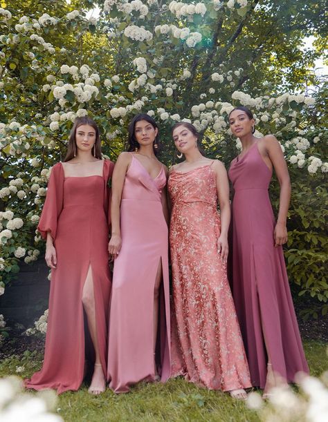 Pink Bridesmaid Dresses Mismatched Shades, Bridesmaid Dresses Pink Shades, Shades Of Pink Dresses, Mismatched Bridesmaid Dresses Spring, Mismatched Pink Bridesmaid Dresses, White Dresses Formal, Crepe Styles, Mauve Bridesmaid Dresses, Luxurious Gowns