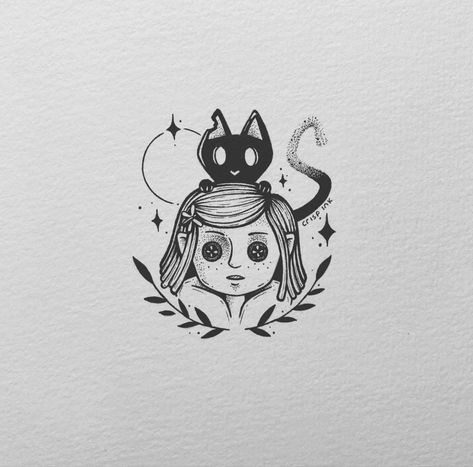 Cat From Coraline Drawing, Horror Best Friend Tattoos, Coraline Inspired Tattoos, Caroline Tattoo, Coraline Tattoo Ideas, Coraline Tattoo, Alien Drawings, Scary Tattoos, Creepy Tattoos