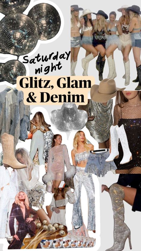 #glitzglamdenim Denim Disco Outfit, Glitz And Glamour Party Outfit, Denim And Diamonds Bachelorette Party, Glitz And Glam Bachelorette Party, Glitz And Glamour Party, Bachelorette Party Outfit Themes, Denim Disco, Cowgirl Bachelorette Party Outfits, Bachelorette Outfit Themes