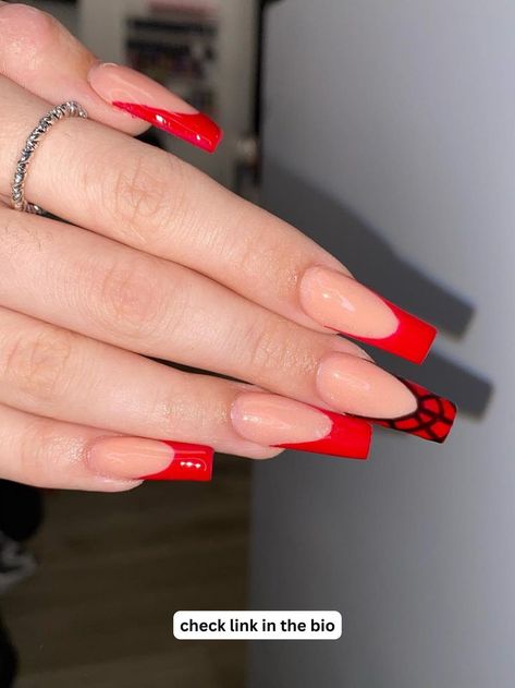 Spider-Man nails Red French Tip Nail Designs, Spiderman Nails, Red French Tip Nails, Bright Summer Nails Designs, Red French Tip, Short Coffin Nails Designs, Tip Nail Designs, Disney Acrylic Nails, Halloween Acrylic Nails