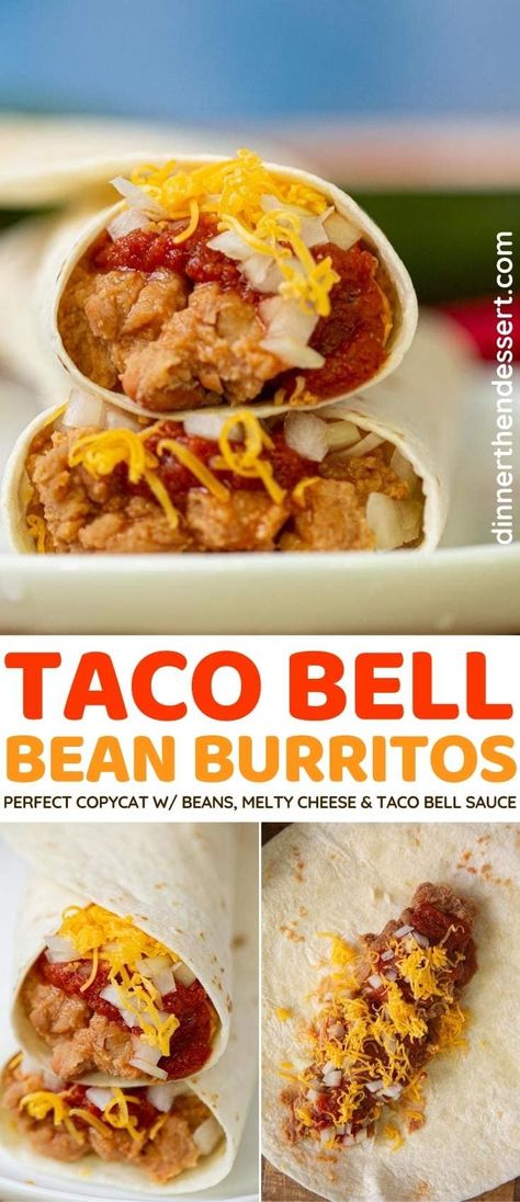 Taco Bell Bean Burrito (Copycat) is an easy meatless burrito so you can skip the drive thru! #dinner #fastfood #copycatrecipe #burrito #tacobell #beanburrito #dinnerthendessert Taco Bell Bean And Cheese Burrito, Taco Bell Bean Burrito Recipe, Taco Bell Burrito Recipe, Simple Vegan Dinner Recipes, Taco Bell Bean Burrito, Recipes 5 Ingredients Or Less, Simple Vegan Dinner, Bean Burrito Recipe, Bean And Cheese Burrito