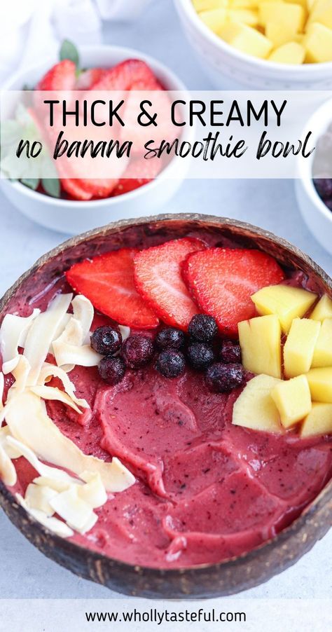 dark pink smoothie bowl with fresh fruit and coconut on top. Gluten Free Smoothie Bowls, Healthy Fruit Bowls, Smoothie Bowls Without Banana, Smoothie Bowl Recipe Without Banana, Smoothie Bowl For Kids, Fruit Smoothie Bowl Recipes, Smoothie Bowl Without Banana, Smoothie Bowl No Banana, Smoothie Recipes Without Banana